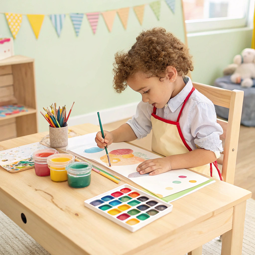 Young child focused on painting during a community workshop