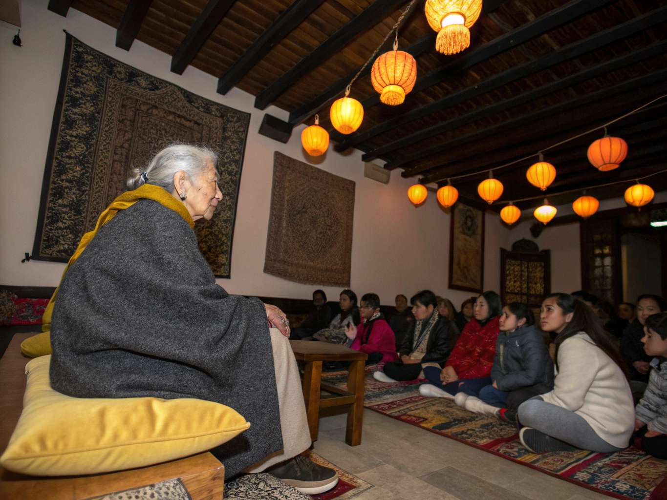 Elderly community member smiling and clapping at an event